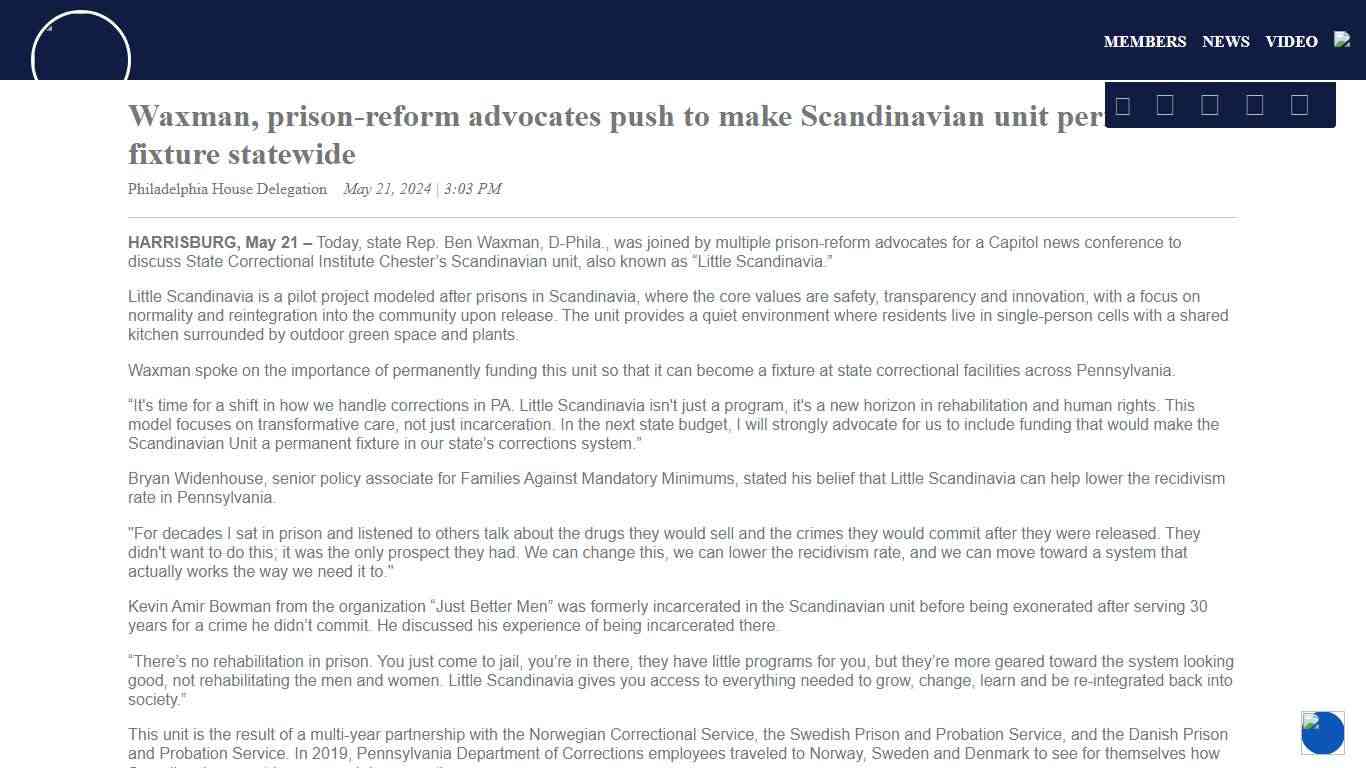 Waxman, prison-reform advocates push to make Scandinavian unit permanent fixture statewide